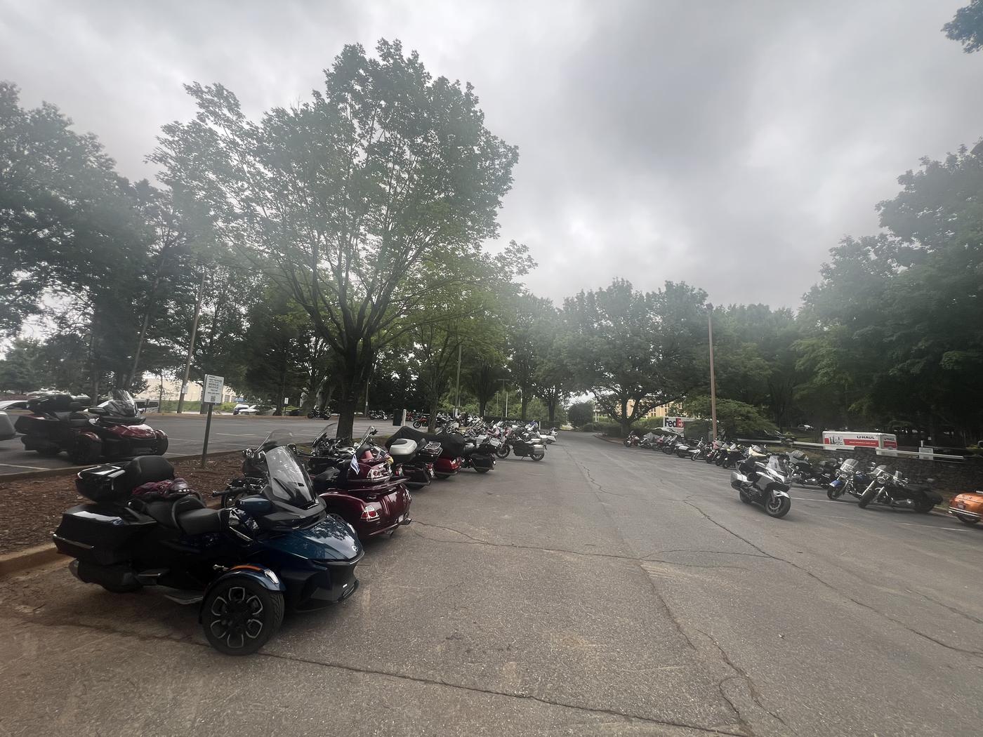 Motorcycles parked in a lot under cloudy skies at the 2025 Ride 2 Remember in Charlotte, North Carolina